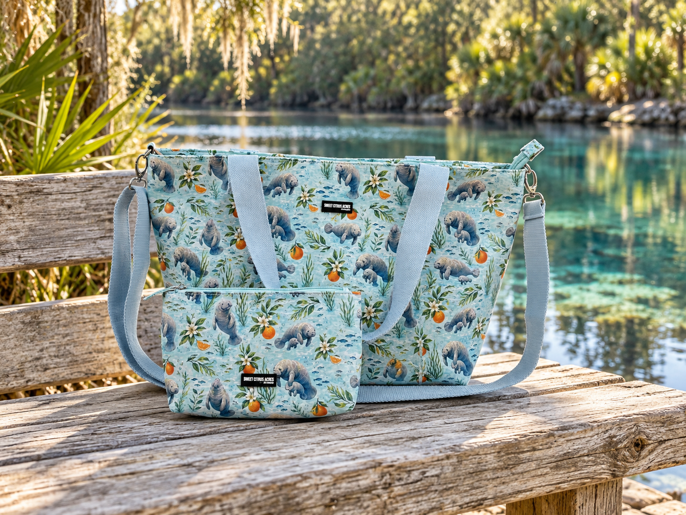 Lifestyle rendering of the Quiet Waters manatee-print tote and matching pouch on a bench beside spring water.