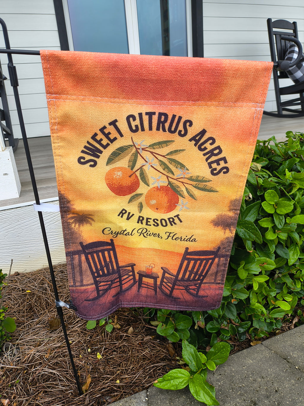 Sweet Citrus Acres RV Resort rocking chair flag – Florida resort patio décor