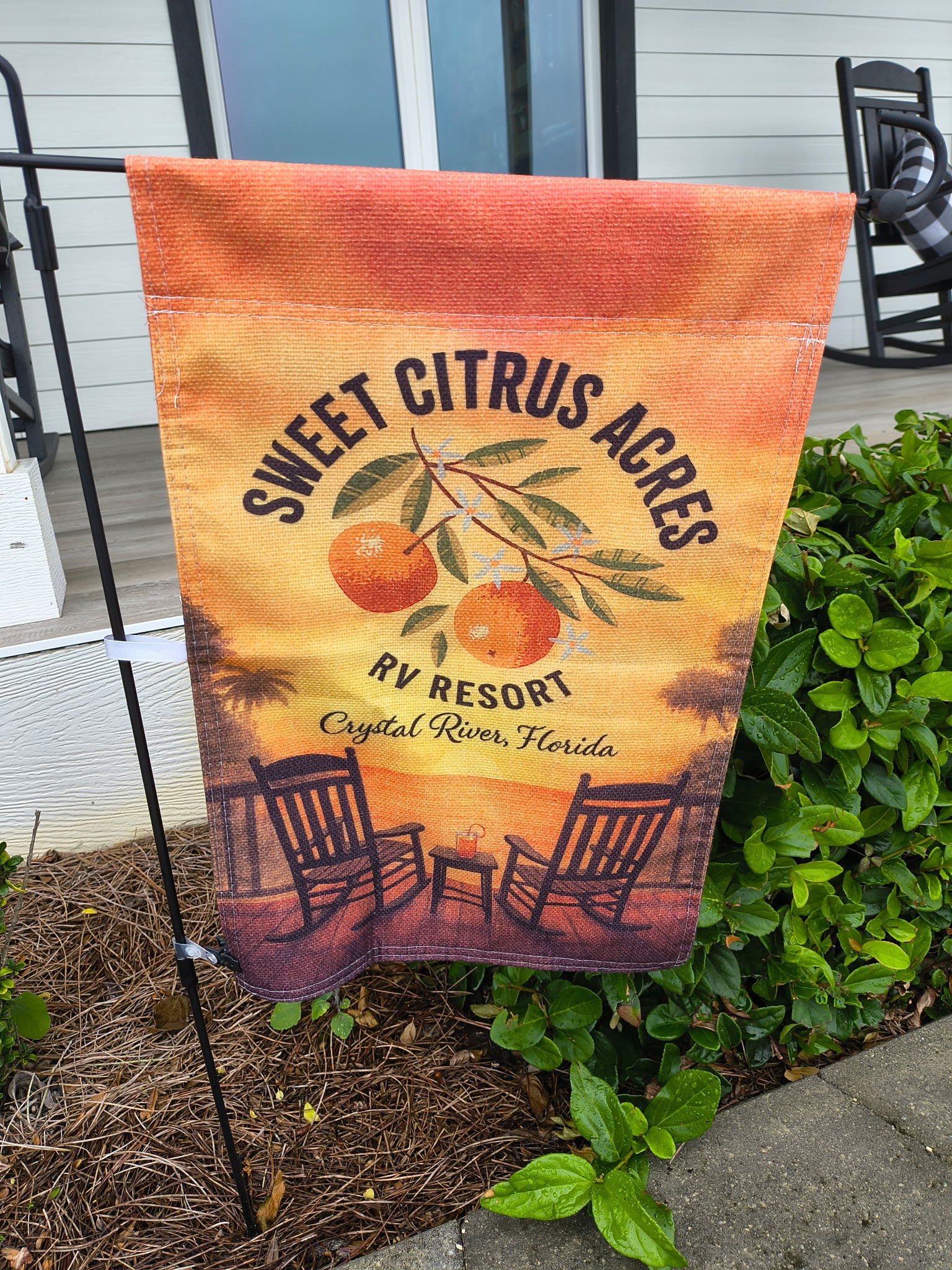 Sweet Citrus Acres RV Resort rocking chair flag – Florida resort patio décor