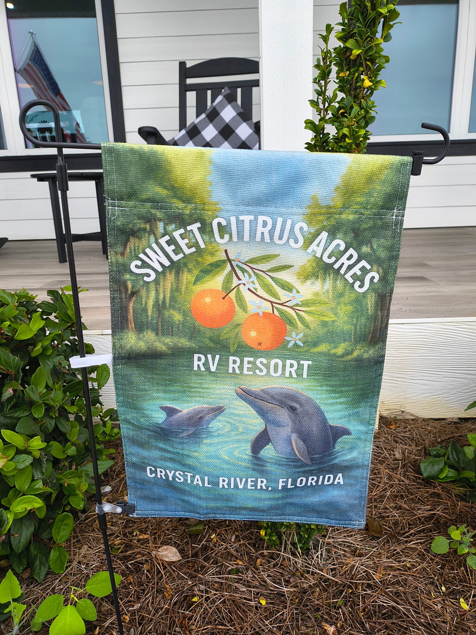 Sweet Citrus Acres RV Resort dolphin flag – Crystal River Florida beach décor