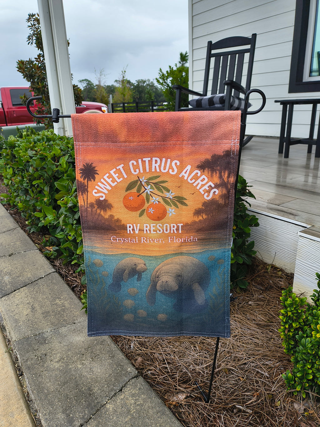 Sweet Citrus Acres RV Resort manatee flag – Crystal River Florida wildlife décor