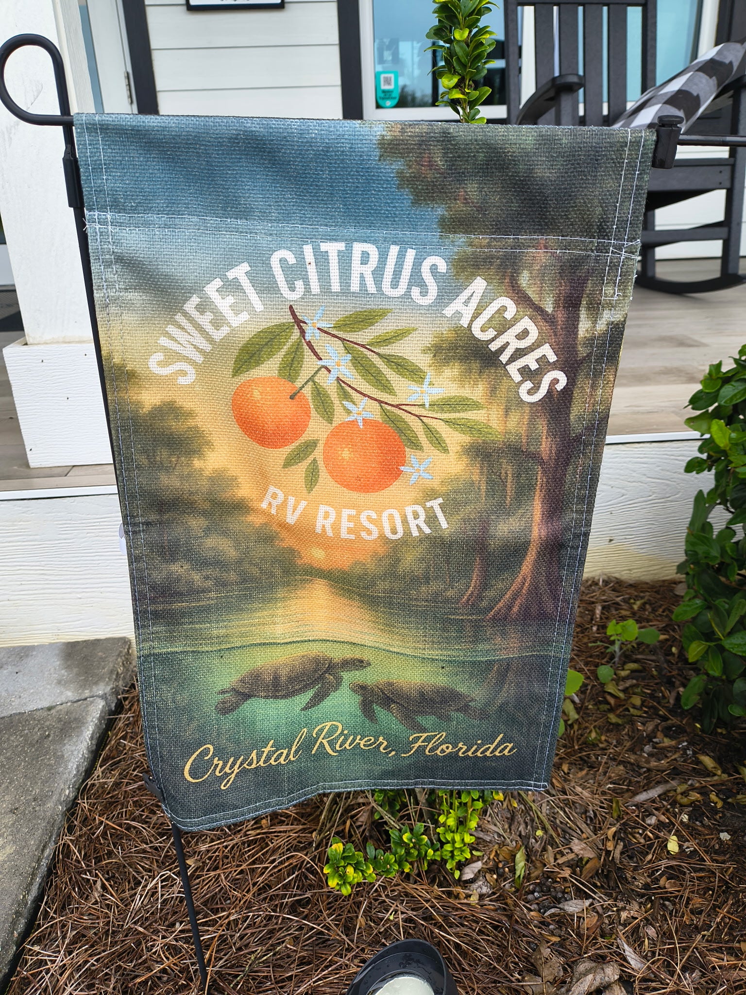 Sweet Citrus Acres RV Resort manatee flag – Crystal River Florida wildlife décor
