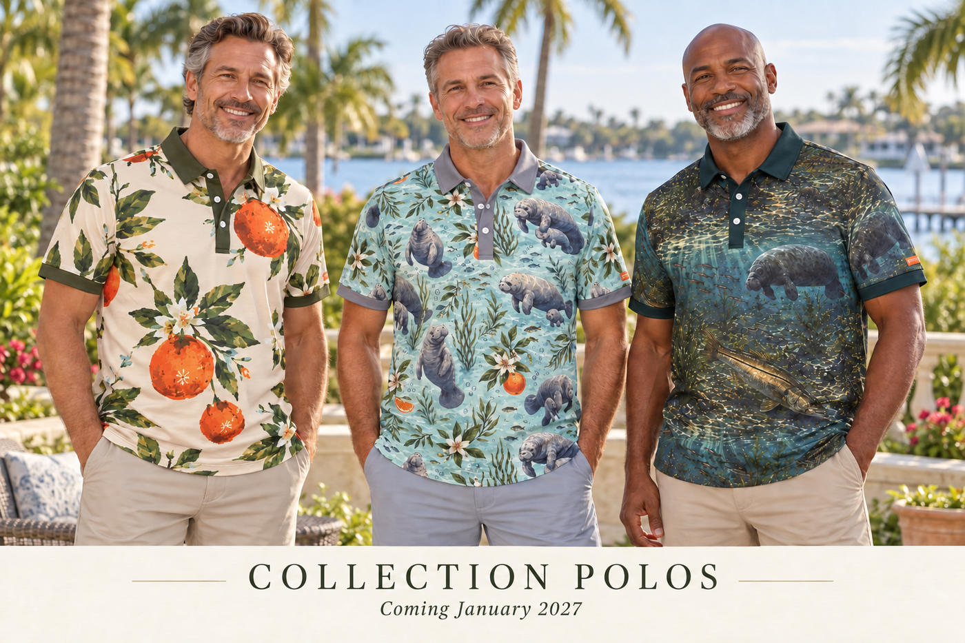 Lifestyle rendering of three men wearing Orange Blossom, Quiet Waters, and Below the Surface collection polos.