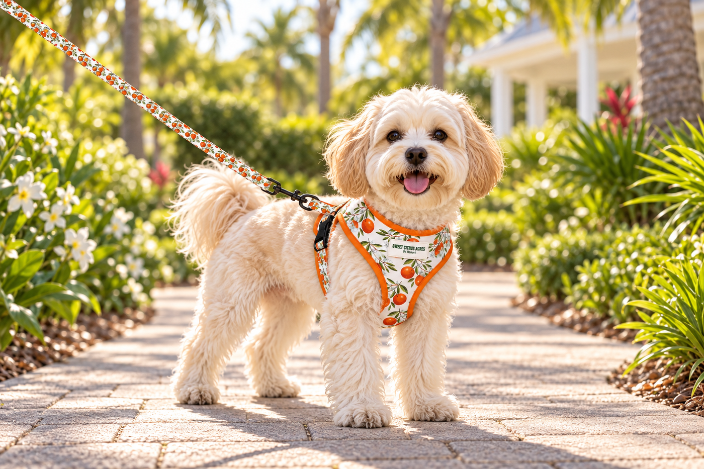 Lifestyle rendering of a cream dog wearing an Orange Blossom citrus-print harness and matching leash on a garden path.