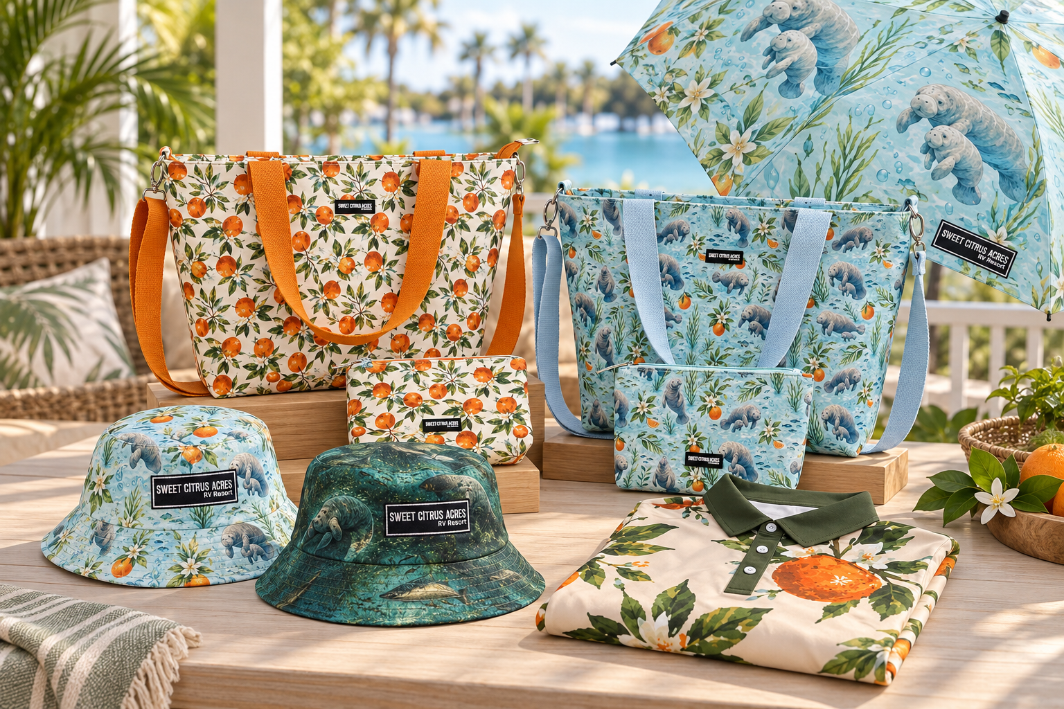 Lifestyle rendering of Sweet Citrus Acres citrus and manatee totes, matching pouches, bucket hats, umbrella and folded Orange Blossom polo.